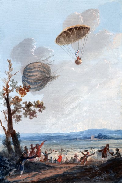 První muž, který sestoupil na padáku, 22. října 1797, v Parc Monceau, Paříž, kolem roku 1797 od French School