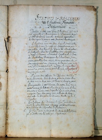 První strana stanov Francouzské akademie, 1635 (inkoust na papíře) (viz také 179947) od French School