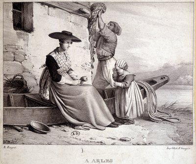Rybář, jeho žena v regionálním kroji a jejich dítě v Arles od French School