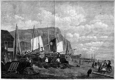 Rybářské lodě na pláži Hastings v Anglii od French School