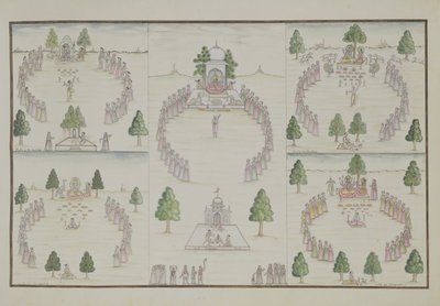 Pět hinduistických kultů: Shiva, Krishna, Vishnu, Brahma a Mother Goddess z The Gentil Album, vydaného v roce 1774 od French School