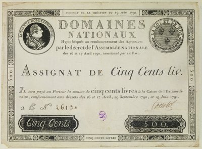 Bankovka pěti set livres, 19. června 1791 od French School