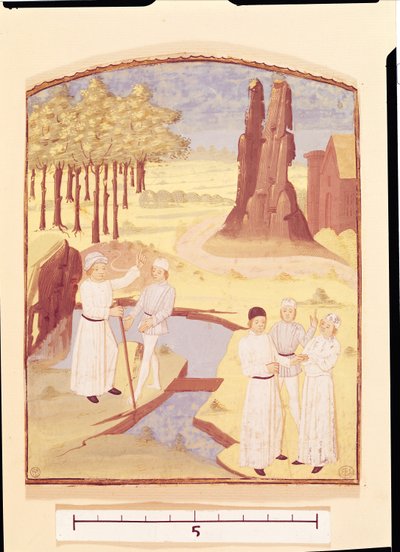 Pět lidí diskutujících o zahradním designu, z Livre des Prouffitz Champestres od Pietra de Crescenzi (1230-132021) od French School
