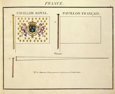 Vlajka Ludvíka XVIII. a Karla X., králů Francie, z Pavillons des Puissances Maritimes (barevná rytina) od French School