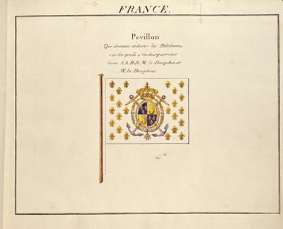 Vlajka Dauphina a Dauphine, Louis-Antoine a Marie-Therese z Francie, z Pavillons des Puissances Maritimes, kolem 1815-30 (barevná rytina) od French School