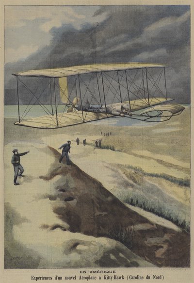 Let letadla bratří Wrightů v Kitty Hawk v Severní Karolíně (barevně lito) od French School