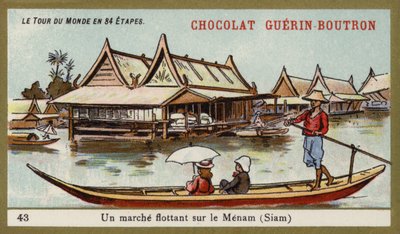 Plovoucí trh na řece Menam, Siam (chromolitho) od French School