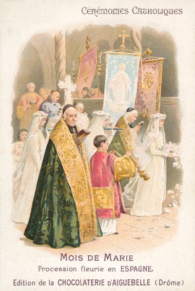 Květinový průvod na počest Panny Marie v měsíci květnu, Španělsko (chromolitho) od French School