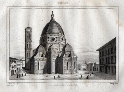 Florentská katedrála - Pohled na florentskou katedrálu (Duomo Santa Maria del Fiore). Kopuli vyrobil Filippo Brunelleschi kolem roku 1420-1436, Florencie, Itálie – rytina z „“Itálie malebné““ – Historická a popisná tabulka Itálie“ od M. de od French School