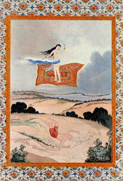 Fly, O Magic Carpet a Transport Me, ilustrace z The Arabian Nights. 1895 (barevná rytina) od French School