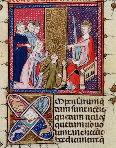 Fol.11v Dítě a její matka vystupující před soudce, z Justiniani ve Fortiatu od French School