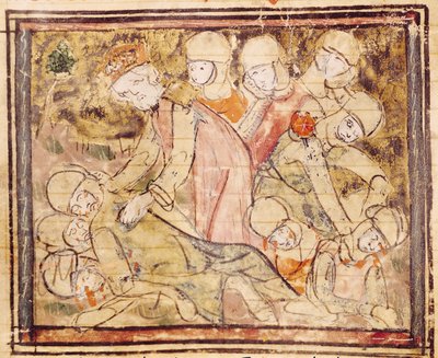 Fol.136v Jak Karel Veliký (742-814) našel Rolanda mrtvého, z Grandes Chroniques de France, 1375-79 od French School