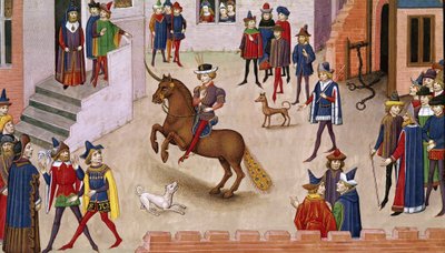 Fol.17v Jak Alexandr Veliký (356-323 př. n. l.) jel na Bucefala, z Histoire du Grand Alexandre 1460 od French School
