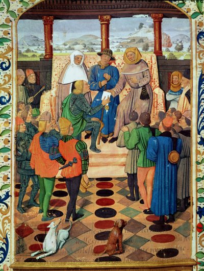 Fol.185v Karel VII. (1403-61) předává dokument Joaně z Arku (1412-31) z Le Jouvencel od Jeana de Bueila (1405-78) od French School