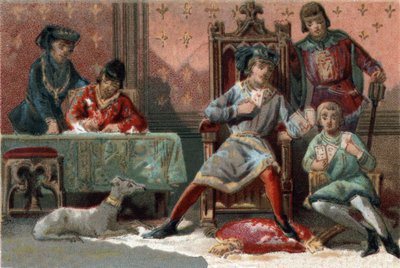 Pro rozptýlení hrával karty francouzský král Karel VI. (1368-1422). Chromolitografie kolem roku 1890. od French School