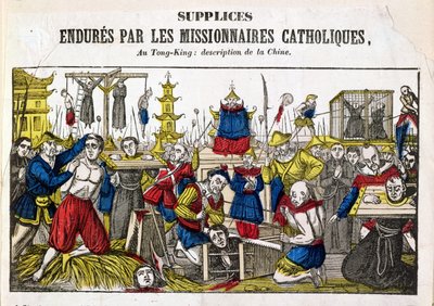 Formy mučení prožívané katolickými misionáři v Tonkingu, Čína, 1840 od French School