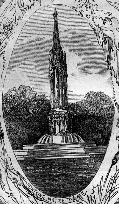 Fontána Paříže: pohled na Fontánu Panny Marie (Fontána Notre Dame) (cca 1845). Rytina v „“ Le Monde Illustré““ č. 254 z 22. února od French School