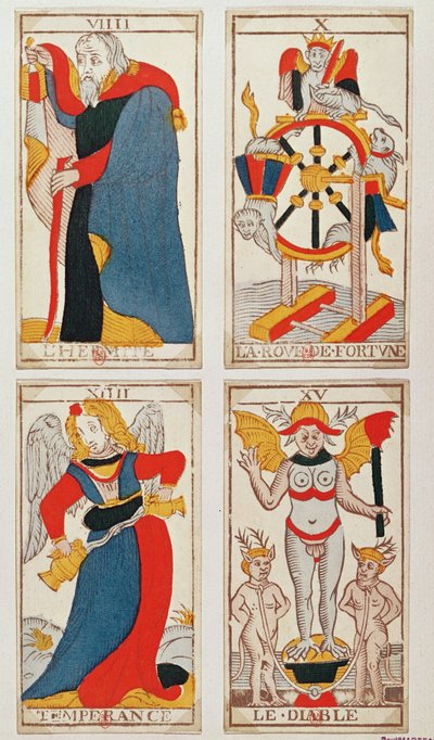 Čtyři tarotové karty zobrazující Poustevníka, Kolo štěstí, Střídmost a Ďábla (barevná dřevorytina) od French School
