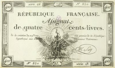 Bankovka v hodnotě čtyř set livrů, 21. září 1792 od French School