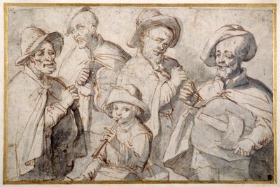 Čtyři hráči na hurdisky a chlapec s dýmkou, cca 1650-99 (pero a inkoust na papíře) od French School