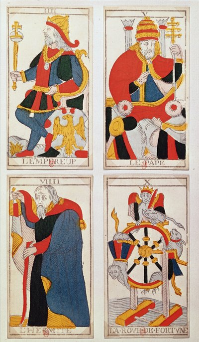 Čtyři tarotové karty s vyobrazením Císaře, Papeže, Poustevníka a Kola štěstí (kolorovaná dřevorytina) od French School