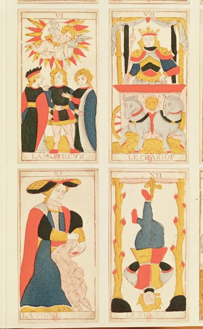 Čtyři tarotové karty s vyobrazením Milenců, Vůz, Síly a Oběšeného muže (barevná dřevorytina) od French School