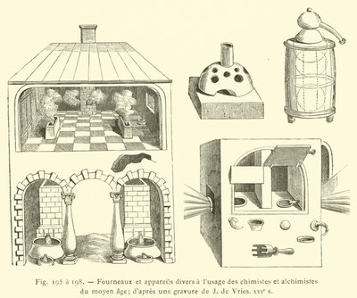 Pece a různá zařízení pro použití chemiků a alchymistů středověku (rytina) od French School