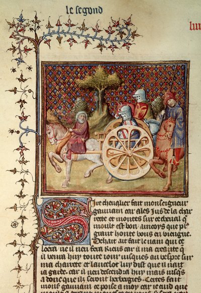Fr.119 fol.312v Lancelot, rytíř povozu, 1344 od French School