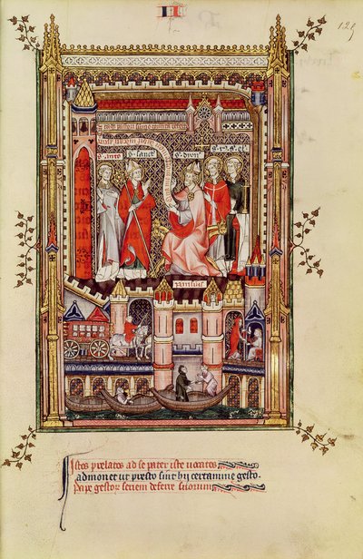 Fr 2091 fol. 125 Svatý Svatý a sv. Antonín, jsou vyzváni, aby napsali příběh o životě sv. Denise, z Vie de St. Denis, 1317 od French School