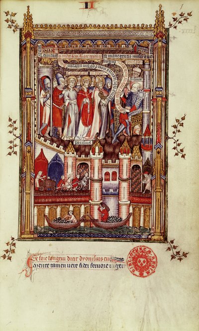 Pá 2092 f.1 První výslech sv. Denise a jeho společníků Sisinniem, z Vie de St. Denis, 1317 od French School