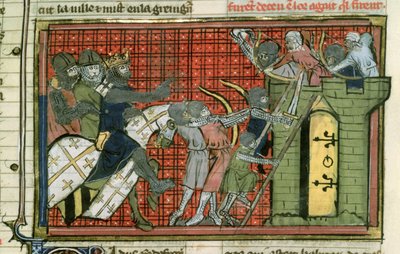 Fr 22495 f.36r Útok na město, z Le Roman de Godefroi de Bouillon od French School