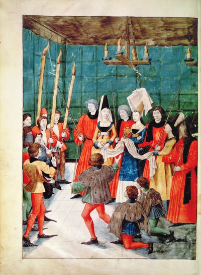Fr 2692 f.70v Královna předává cenu za rytířský turnaj, z Livre des Tournois de Rene dAnjou, c.1488-89 od French School