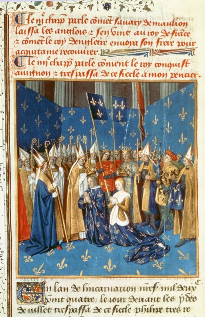 Fr 6465 f.247v Korunovace Ludvíka VIII. (1187-1226) a Blanche de Castile v Remeši za přítomnosti jeruzalémského krále od French School
