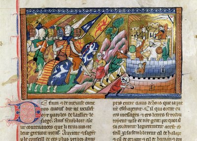 Fr 9084 f.53 Anglické vojsko útočí na hrad, z "Chronique de Guillaume de Tyr" (pergamen) od French School