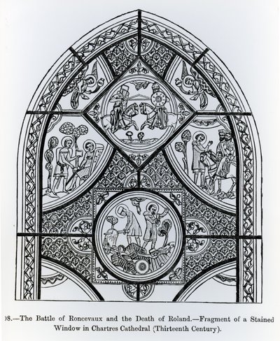 Fragment vitráže v katedrále v Chartres, zobrazující bitvu u Roncevaux a smrt Rolanda, ilustrace z Vědy a literatury ve středověku a renesanci, spisovatel od French School