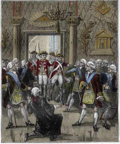 Franc-Maconnerie (Franc Maconnerie) v Hotel de Soisson v Paříži v červnu 1745: Ceremoniál Franco-Macon přerušen příchodem policejního komisaře. Rytina v „“ Paříži v průběhu staletí “, Gourdon de Kenouillac 1880.. od French School