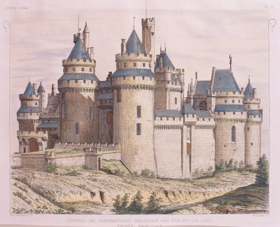 Francie, středověký hrad Pierrefonds, restaurována Violet le Duc z Moniteur des Architectes, rytina od French School