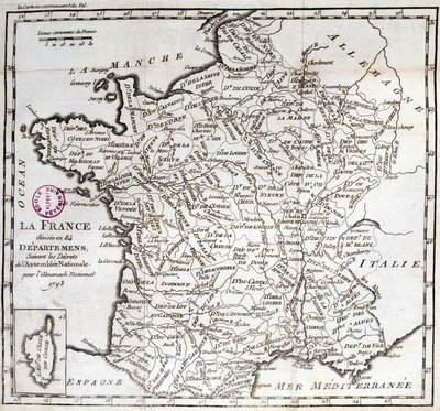 Francie rozdělena do 84 departementů podle dekretů Národního shromáždění z roku 1793 od French School