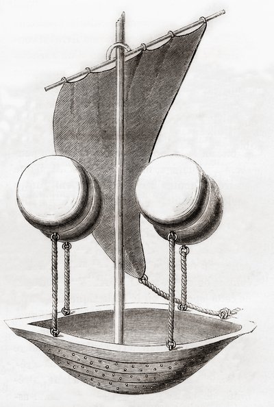 Koncept létajícího člunu Francesca Lana de Terziho kolem roku 1670, z „Les Merveilles de la Science“, zveřejněný kolem roku 1870 (litho) od French School