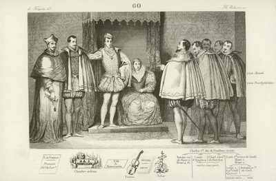 František II. Francouzský informuje poslance parlamentu, že si vybral své strýce, vévodu z Guise a Karla, kardinála Lotrinského, aby mu vládli, 1559 od French School
