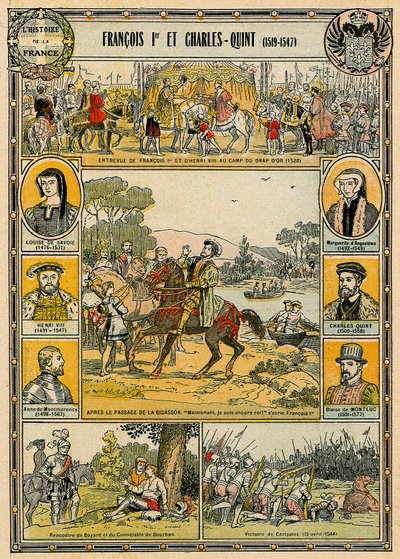František I. Francouzský a Karel V., císař Svaté říše římské, ilustrace z „Histoire de France“ od French School