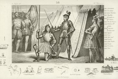 František I. Francouzský žádá, aby byl rytířem Bayardem pasován na rytíře po vítězství v bitvě u Marignana, Itálie, 1515 od French School
