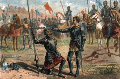František I. Francouzský žádá o pasování rytíře Bayarda na rytíře po vítězství v bitvě u Marignana v Itálii od French School