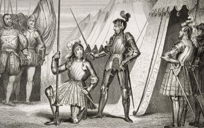 Francois I. (1494-1547) pasován na rytíře kapitánem Bayardem po bitvě u Marignana, z „Histoire de France“ od Colarta, vydáno kolem roku 1840 od French School