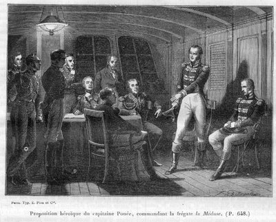 Francois Ponee II (1775-1863), velitel La Meduse, Napoleonic fidele, nabízí císaři, aby bojoval sám Le Bellerophon - v „Dějinách impéria po historii konzulátu““ od Adolphe Thierse -1879 - soukromá sbírka od French School