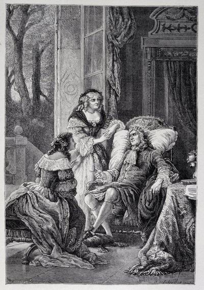 Francois de la Rochefoucauld (1613-1680) mluví s Mademoiselle de Sevigne (Marie de Rabutin-Chantal), Marquise de Sevigne dit Madame de Sevigne (1626-1696) a Marie-Madeleine (Marie Madeleine) Pioche de La Vergne, hraběnky (Paní z F od French School