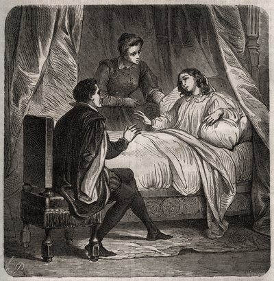 Francoise de Foix, hraběnka z Chateaubriant (asi 1495-1537), nemocná, přijímá Clementa des Marets dit Marot (1496-1544), komorníka Francois 1., na lůžku. Rytina z roku 1871 v „Histoire Des Cocus Celebres““ od Henryho de Kocka (1819-1892). od French School