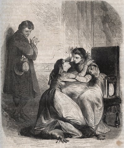 Francoise de Montmorency-Fosseux (Montmorency Fosseux) (1566-1641) žádá o odpuštění královnu Marguerite de Valois (1553-1615), známou jako královna Margot. Je milenkou krále Jindřicha IV. (1553-1610) a s obavami rodí jejich dítě. od French School