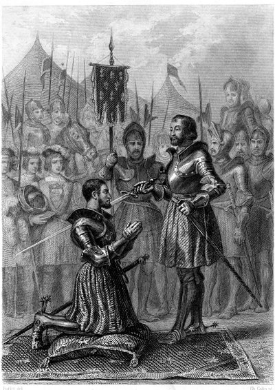 François 1., ozbrojený rytíř po bitvě u Marignanu (1515). 19. století (rytina) od French School