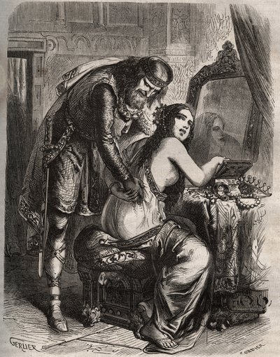 Fredegonde (545-597) vezme svého manžela, krále franků Chilperica I. (543-597), za svého milence Landerica. Král zjistí, že ho jeho žena podvádí. Rytina z roku 1871 v „Histoire Des Cocuses Celebres““ od Henryho de Kocka (1819-1892). od French School